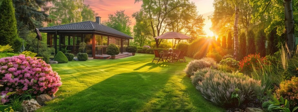 Panoramic view of home garden at sunset, upscale landscaped house backyard in summer. Scenery of lawn, flowers and green plants. Concept of banner, landscaping, nature, luxury design