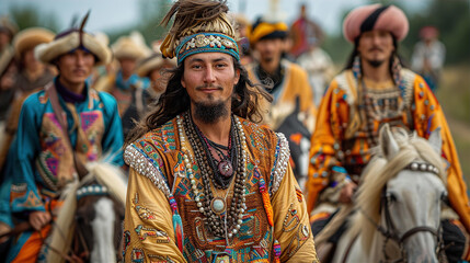 Obraz premium Kazakhs young man gallop horses and wearing traditional costumes during national horse riding games. 