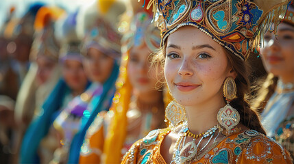Kazakhs young women wearing national costume during on traditional horse gallop ceremony