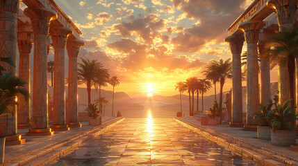 Ancient Egyptian temple at sunset historical reconstruction illustration