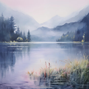 Beautiful watercolor paint mountain river lake