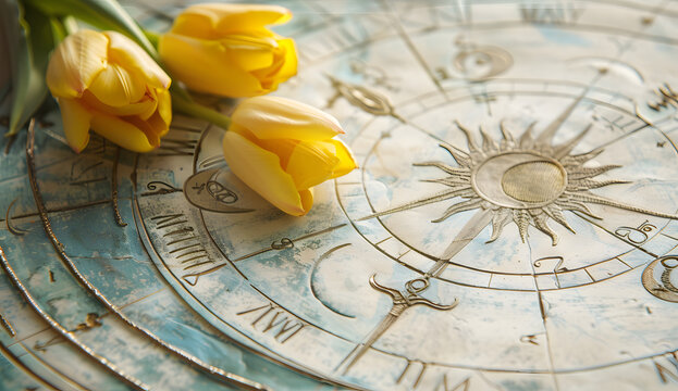 A closeup of an ancient zodiac chart with the sun and moon, with yellow tulips on white paper, representing spring or love, blurred background  to emphasize details like astrological signs and symbols
