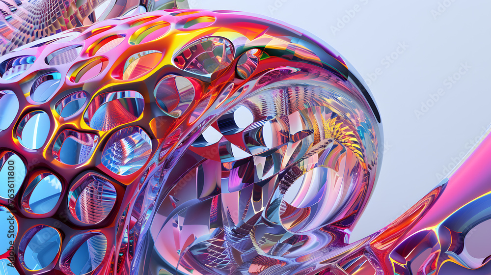 Poster a 3d rendering of a complex geometric shape, with details of the shape's intricate patterns, the vib