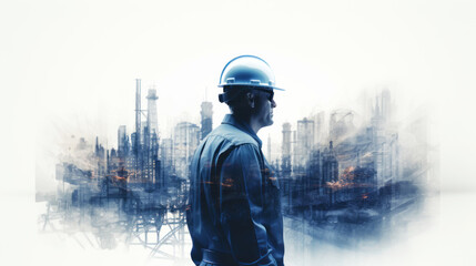 A double exposure photograph of an engineer and a skyscraper on background. Free space for your content. Generative AI