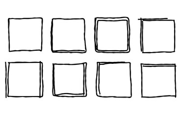 Set of hand drawn square frames. Vector illustration isolated on white background. Doodle вesign elements style.