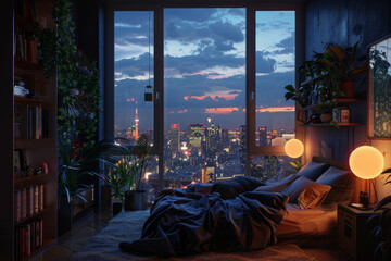 A bedroom with a large window overlooking a city skyline