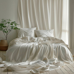 A white bed with a white comforter and two pillows