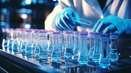 A close-up of the hands of a scientist working with test tubes in a laboratory. Modern discovery. Generative AI