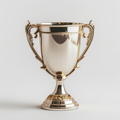 A gold cup with a gold handle sits on a white background