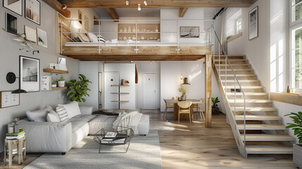 Scandinavian loft with a mezzanine bedroom, overlooking a spacious living area, maximizing space and light. 3D rendering. - obrazy, fototapety, plakaty