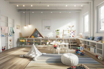 Scandinavian loft with a playful childrena??s area, designed with safety, creativity, and functionality in mind. 3D rendering.