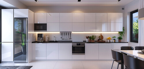 Sleek modern kitchen with high-gloss cabinets, integrated appliances, and a dining area with a minimalist table set.