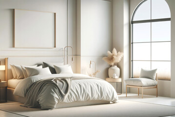 Calm bedroom with comfortable bed, minimalist design, and natural light. Serene bedroom scene with soft bedding and light from a large window.