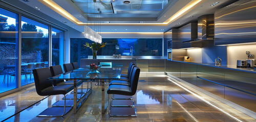 Ultra-modern kitchen with handleless cabinets, LED lighting, and a glass dining table surrounded by sleek chairs.