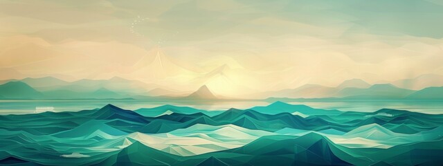 Minimal flat, vintage ocean view. 4K wallpaper with sea and waves. Minimalistic cloud and water look. Beautiful blue, teal, cyan colors. Ideal vintage, old school background, high quality.