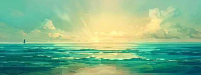 Minimal flat, vintage ocean view. 4K wallpaper with sea and waves. Minimalistic cloud and water look. Beautiful blue, teal, cyan colors. Ideal vintage, old school background, high quality.