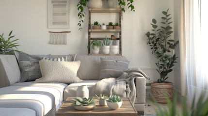 Warm boho living room with a gray sofa, wooden ladder shelf filled with succulents, coffee table with a minimalist vase, and soft throw.