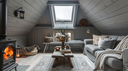 Warm grey attic retreat with a sofa, wood stove, knitted throws, a rustic coffee table, and a view of the stars through a skylight.