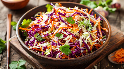 Red cabbage salad, Coleslaw in a bowl. Asian cole slaw. - obrazy, fototapety, plakaty