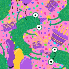 Fototapeta premium Cartoon animals birthday seamless frogs pattern for wrapping paper and fabrics and kids print and party accessories