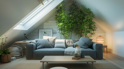 Zen-inspired attic living room with a streamlined grey sofa, low-profile coffee table, bamboo...