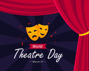 world theatre day with curtain and mask on it