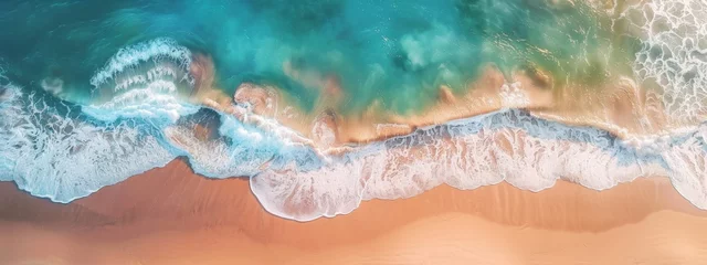  aerial photo of beautiful summer sandy beach and blue ocean with copy space, top view from drone. Summer seascape beautiful waves. blue sea water in sunny day. Sea aerial view.  © JovialFox