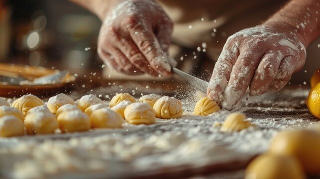 Close-up of chef's hands preparing Sfingi, traditional sweet for Saint Joseph's Day, in rustic kitchen with warm lighting