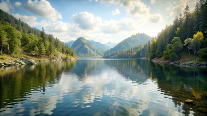 Fototapeta premium Mountain Lake Serenity: A tranquil scene featuring a pristine lake nestled amidst majestic mountains, reflecting the serene sky and lush greenery