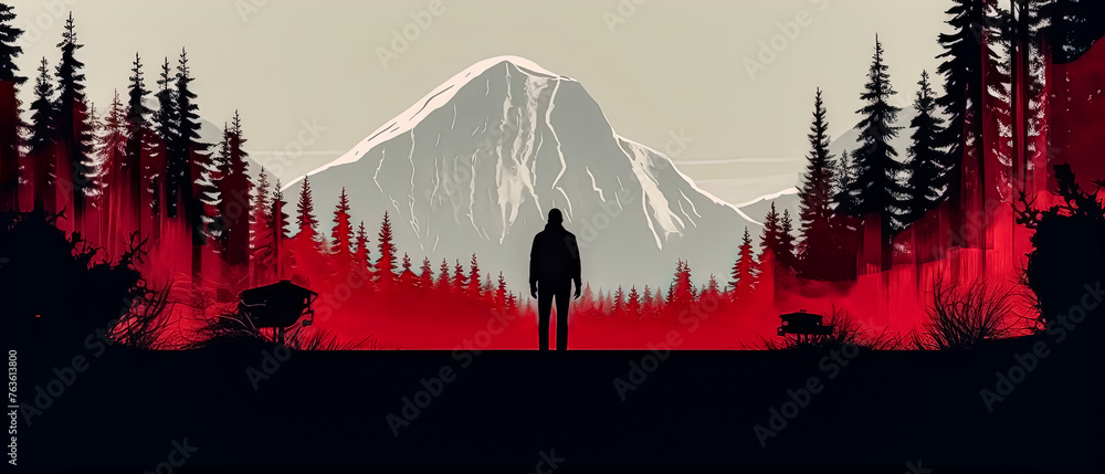 Poster a man is standing in front of a mountain with a backpack. the image has a mood of adventure and expl