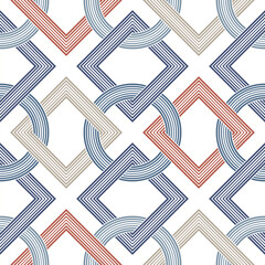 Seamless abstract geometric pattern with orange, blue, and beige interlocking squares and circles on a white background. Retro design style. Vector illustration. 

