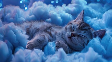 A screenshot featuring a sleeping American Shorthair cat nestled comfortably within a fluffy cloud - obrazy, fototapety, plakaty