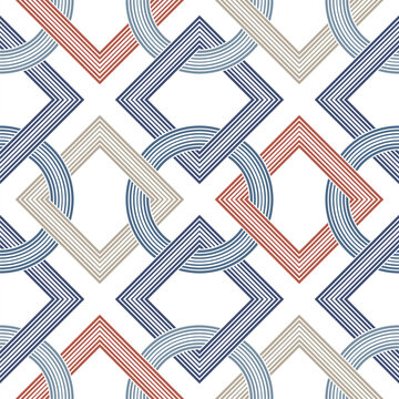 Seamless abstract geometric pattern with orange, blue, and beige interlocking squares and circles on a white background. Retro design style. Vector illustration. 
