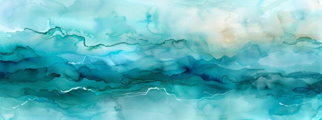 Calm water underwater blurry texture turquoise, blue, aqua background for copy space text. Sky clouds cartoon, ocean wave illustration for vacation beach travel. Watercolor wavy banner by Vita - obrazy, fototapety, plakaty