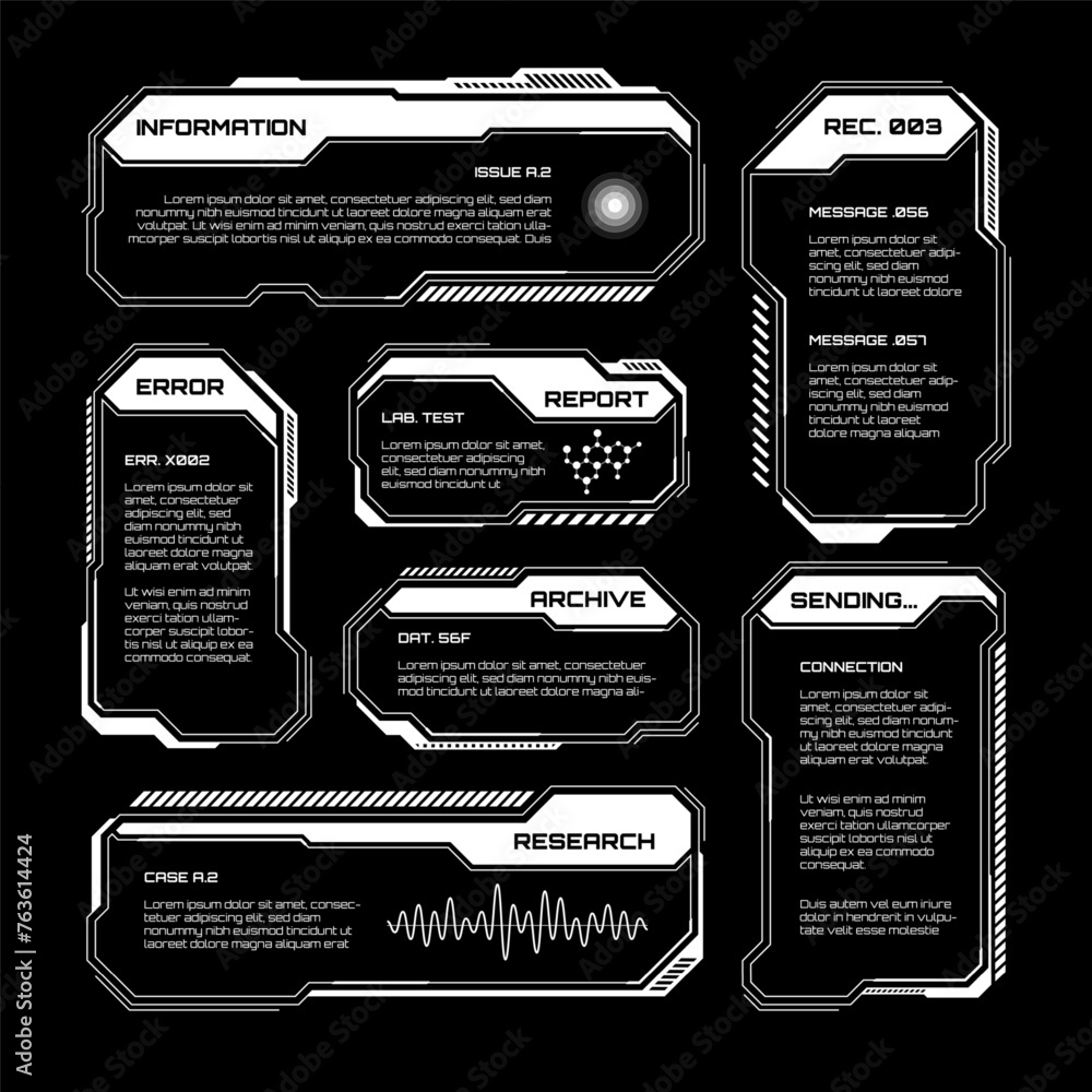 Aufkleber white futuristic hud, ui elements. sci-fi user interface text boxes, callouts. warning message frame
