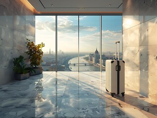 A suitcase placed in a luxury hotel or with a breathtaking view of a sleek city building