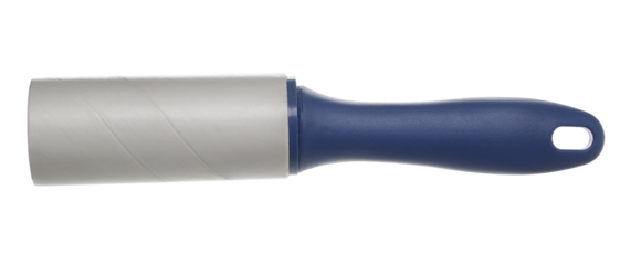 Adhesive lint roller with sticky paper roll and blue grip isolated on white, clipping path