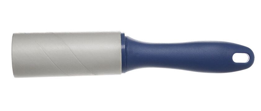 Adhesive lint roller with sticky paper roll and blue grip isolated on white, clipping path