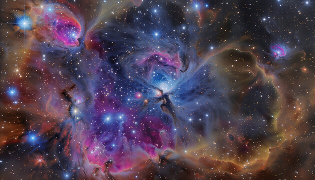 A vivid and expansive cosmic scene filled with swirling nebulae, interstellar dust clouds, and scattered stars in a vibrant array of colors