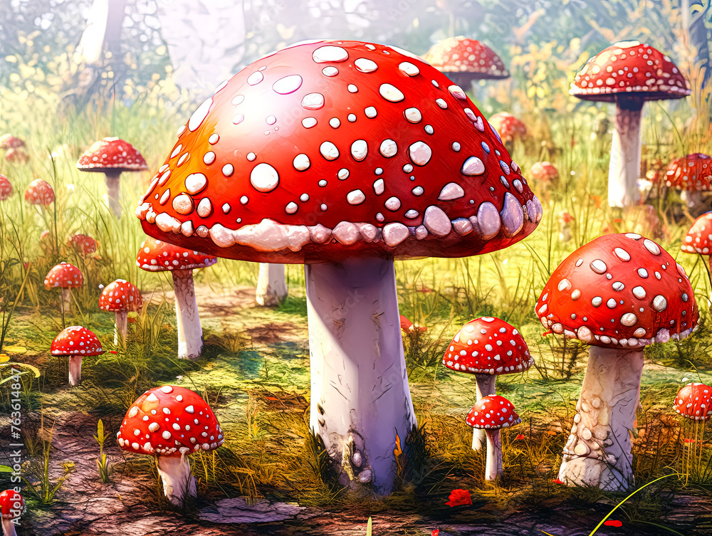 Poster a field of red and white mushrooms with a red one in the foreground. the mushrooms are all different