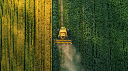 A yellow tractor is driving through a field of green and yellow crops