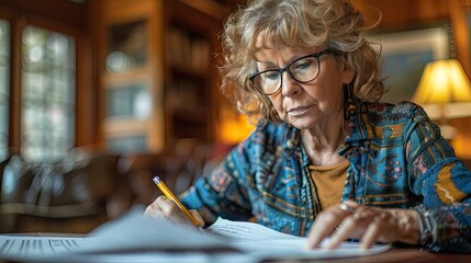 Senior Woman Managing Finances: Calculating Budget with Eyeglasses and Paper Bills at Home - obrazy, fototapety, plakaty