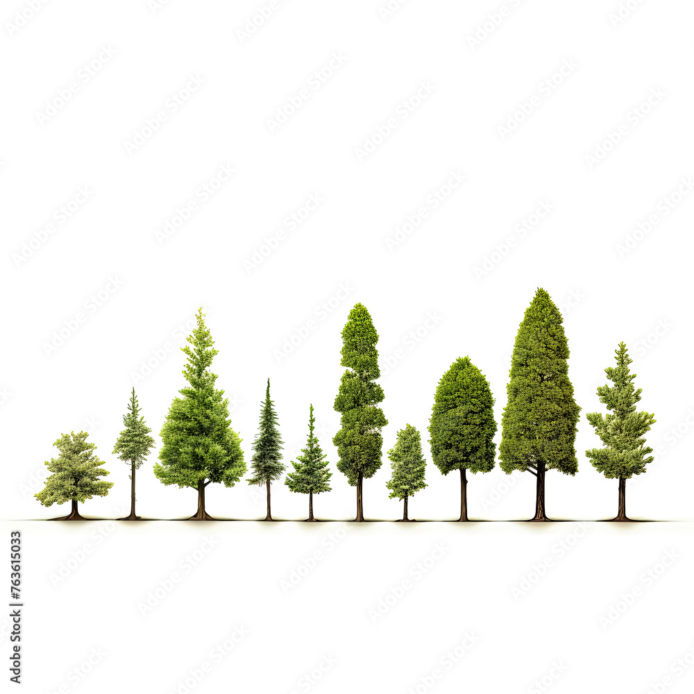 Poster a row of trees of varying sizes are shown on a white background. the trees are all green and appear 