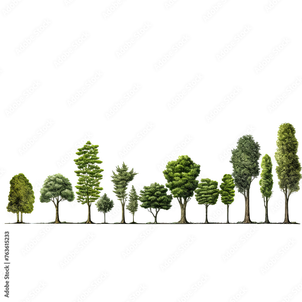 Poster a row of trees with some of them being taller than others. the trees are all green and are lined up 