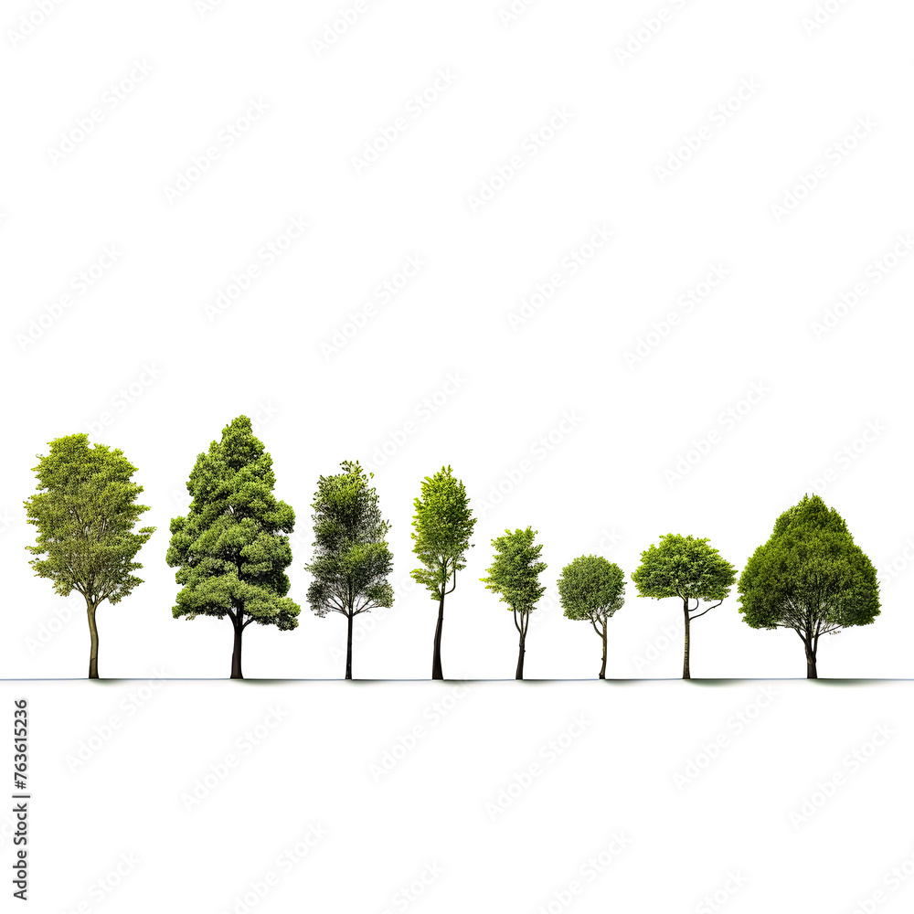 Poster a row of trees are shown in various sizes and positions. the trees are all green and are lined up in