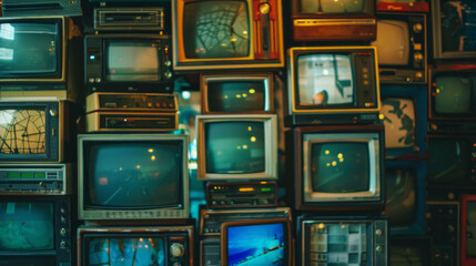 A wall of old televisions with a variety of sizes and colors