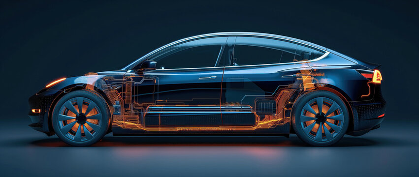 Frontal perspective of a blue electric car showcasing its high-tech internals
