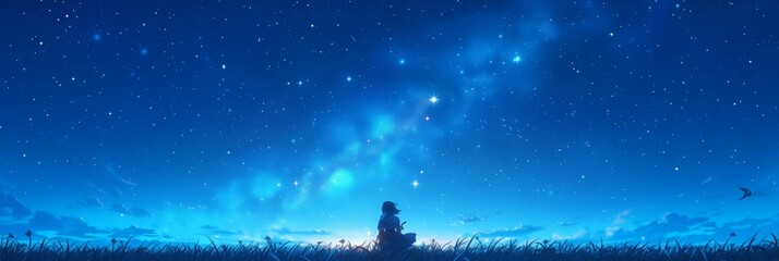 Young person contemplating the cosmic starry sky in a dreamy nighttime setting - obrazy, fototapety, plakaty