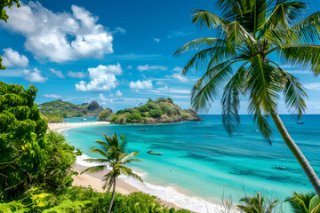 Fototapeta na wymiar Tropical Island Paradise: Serene Beaches, Azure Seas, and Lush Palm Trees Under the Mesmerizing Sky