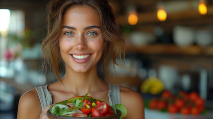 cheerful young woman eating vegetable salad. close up woman hand holding salad bowl eating healthy lifestyle. 
